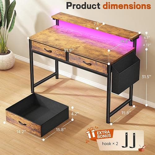 DurayLoly Gaming Desk with 2 Drawers &LED Lights,Space Saving,Rustic Brown | Computer Desk with Ergonomic Monitor Stand,Office Desk with Side Pocket and Hook,Study Writing Table for Small Spaces thumbnail 2