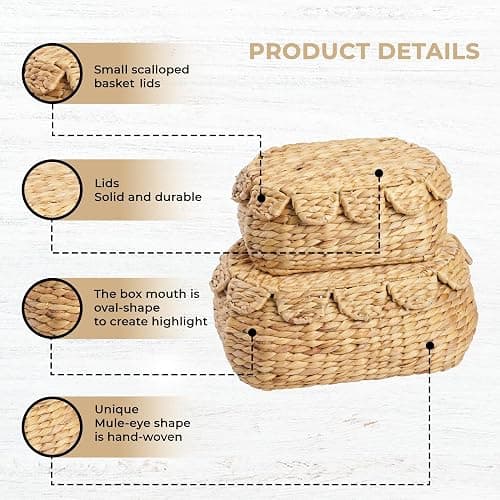 LUSYDECO Round Wicker Storage Baskets with Lid, Rattan Basket Decorative Boxes, Woven Storage Box Hyacinth Basket with Lids, Scalloped Edge Wicker Basket with Lid, Set of 2 thumbnail 7