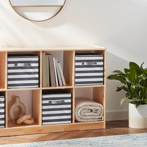 Amazon Basics Collapsible Fabric Storage Bins with Handles, Cube Organizer for Home Organization, 10.5"x10.5"x11", White/Light Grey Stripe, 6-Pack thumbnail 2