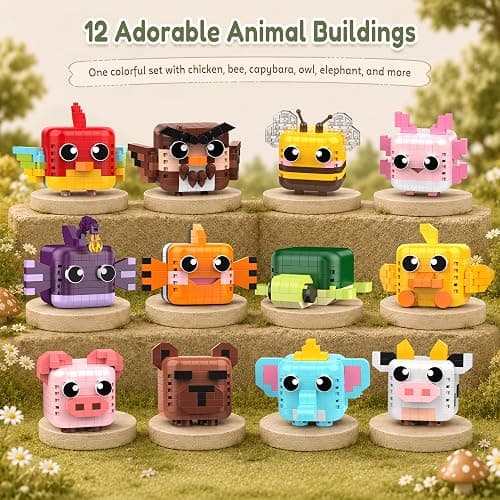 IBLOTIME 12 Pack Mini Animal Micro Building Blocks Set | 12 Mini Animals, Micro Blocks, Bright Colors, Desk Shelf Decor, Party Favors, Birthday Easter Gift, Ages 14+ thumbnail 3