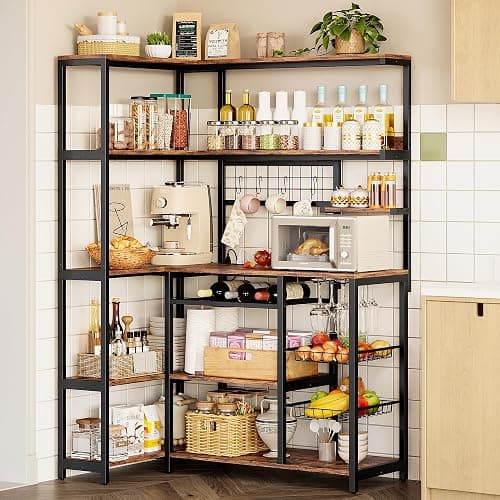 IRONCK Large Bakers Rack with Power Outlet, 6-Tier Corner Microwave Stand, Industrial Coffee Bar with Wine Rack, Hooks & Wire Baskets for Kitchen Spices/Pots, Rustic Brown - Image 1