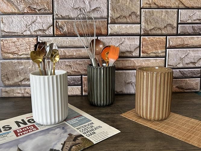 TOPYOKK Stoneware Coffee Bar Utensil Holder Tea & Coffee Spoon & Stirrer Holder for Stir Stick Straw Teaspoon Holder Spoon Cup Small Utensil Jar Fluted Vertical Stripe (Rustic Brown) thumbnail 4