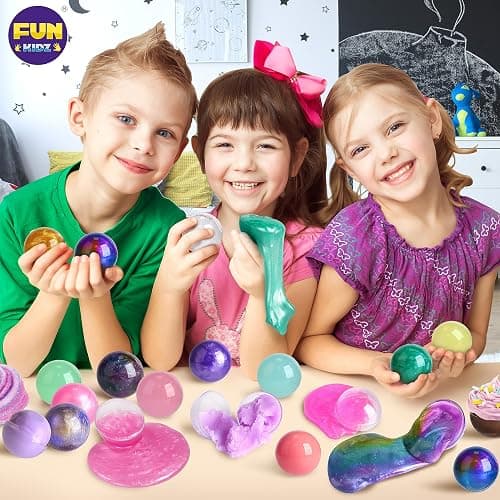 Big 25 Variety Slime Balls Party Favors for Kids, FunKidz 5.5cm Ball Size Bulk Premade Slime Pack Toys for Boys Girls 6-12 with Galaxy, Butter, Cloud, Unicorn, Mermaid, Glow, Clear Slimes thumbnail 2