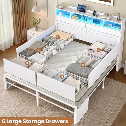AOGLLATI Full Size Bed Frame with Storage Headboard and 6 Drawers, Wood Full Size Bed Frame with 4 Fabric Drawers and Hidden Storage, Charging Station and LED Lights, No Box Spring Needed, White thumbnail 7