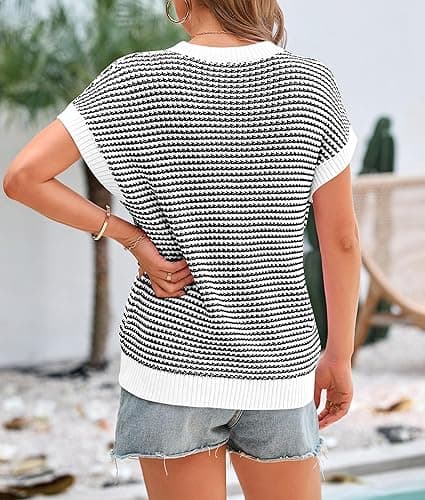 PRETTYGARDEN Womens Short Sleeve Sweater Spring Summer 2025 Round Neck Striped Pullover Cap Sleeve Knit Sweater Vest Tops thumbnail 3