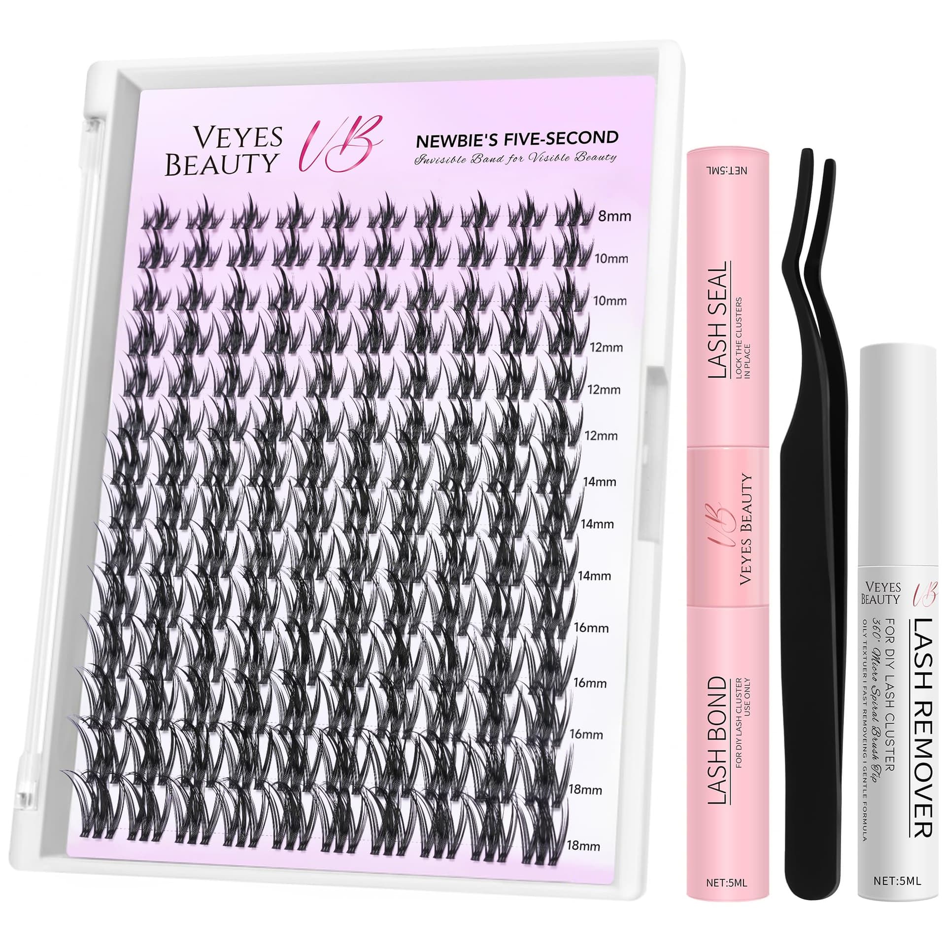VEYESBEAUTY Lash Clusters Kit Eyelash Extensions Thin & Invisible Band Individual False Eyelashes Newbie's Five-Second Series Wispy Lash Tray for Self-application, Camellia Lashes 8-18mm Mixed Length - Image 1