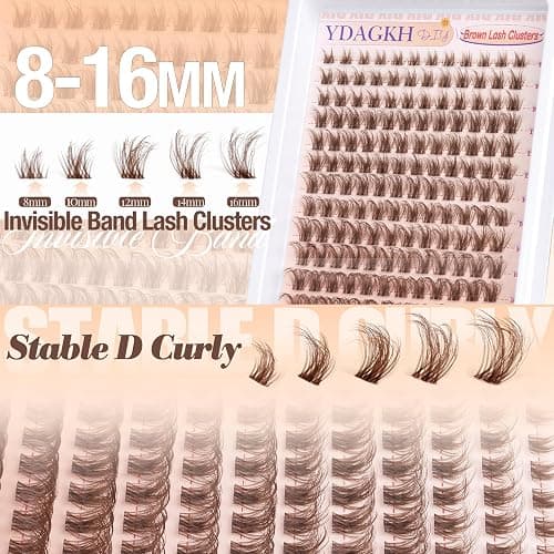 Brown Lash Clusters Natural Eyelash Clusters Invisible Band Wispy Lash Extension 8-16mm D Curly Cluster Eyelash Extensions Clear Band Individual Clusters Lashes DIY Volume Dark Brown Eyelash Extension thumbnail 4