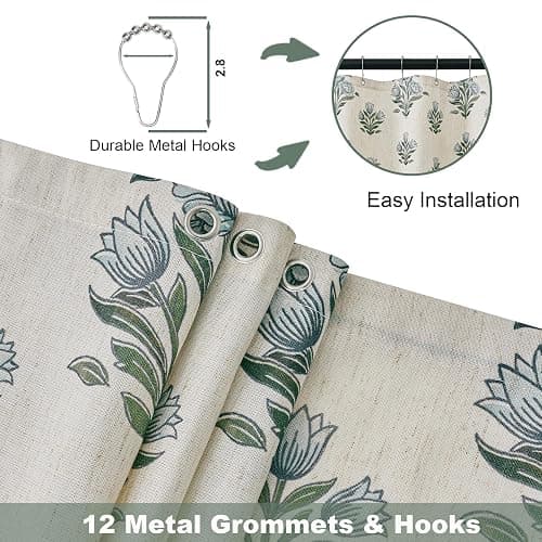PROCIDA Green Scalloped Shower Curtain- Blue Block Print Floral, 72x72 Inch Linen Blend Bathroom Curtain with 12 Metal Hooks, Botanical Flower Bath Curtain for Country Bathrooms. thumbnail 5