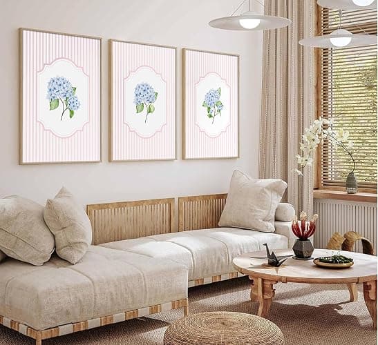 Blue Hydrangea Wall Art Pink Striped Rustic Farmhouse Floral Pictures Wall Decor Cottagecore Botanical Posters Vintage Grandmillenial Flower Painting Print Artwork for Girls Room Dorm, Unframed thumbnail 7