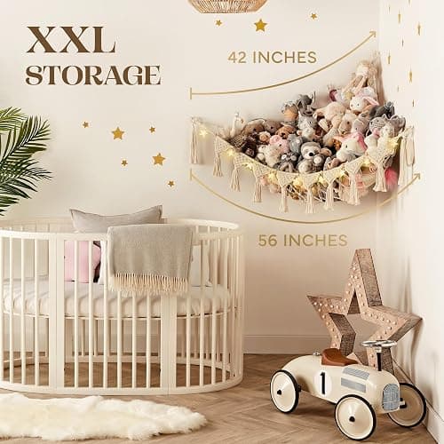 TIDYTEDS Stuffed Animal Hammock Corner | Sturdy Handcrafted Stuffed Animal Net | 4mm Double Macrame Cord Stuffed Animal Holder | Natural 100% Cotton Plushie Net | Toy Hammock w/LED Light (Ice Cream) thumbnail 5