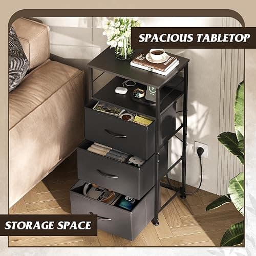WLIVE LED Nightstand with Charging Station, Black Night Stand with 3 Fabric Drawers and Storage Shelf, Small Dresser for Small Space, 31.9" H Bedside Table with USB Ports and Outlets for Bedroom thumbnail 4