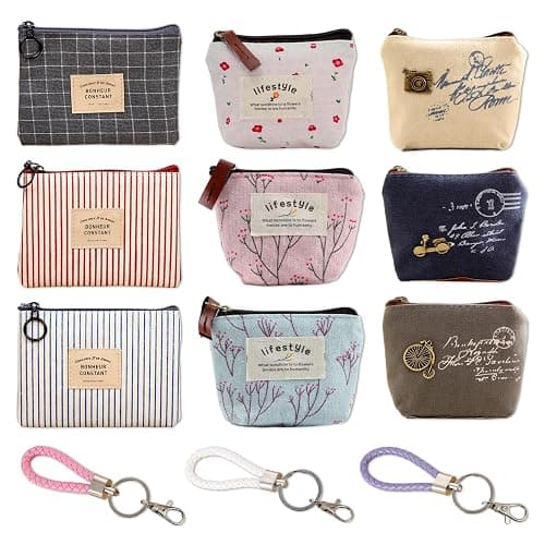JIEYUMAO Small Coin Purse, 9Pcs Canvas Coin Purse with Keychain, 9 Styles Mini Makeup Bag for Women, Multicolor Mini Pouch Change Wallet Small Coin Pouch for Lipstick Jewelry Card - Image 1