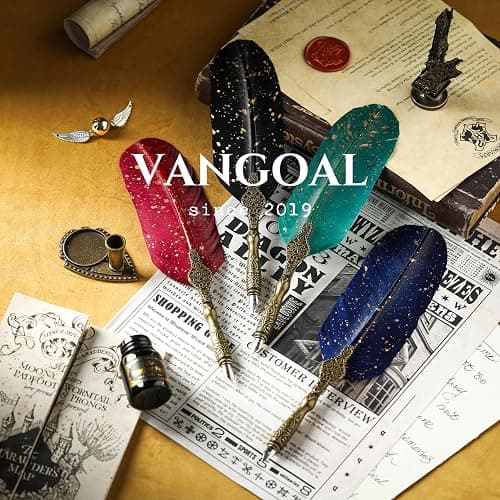 VANGOAL Vintage Green Feather Pen and Ink Set, Classic Series Goose Quill Pen with Carving Pen Stand, Calligraphy Pen Nibs, Black Dip Pen Ink, Antique Writing Gift for Writer thumbnail 6