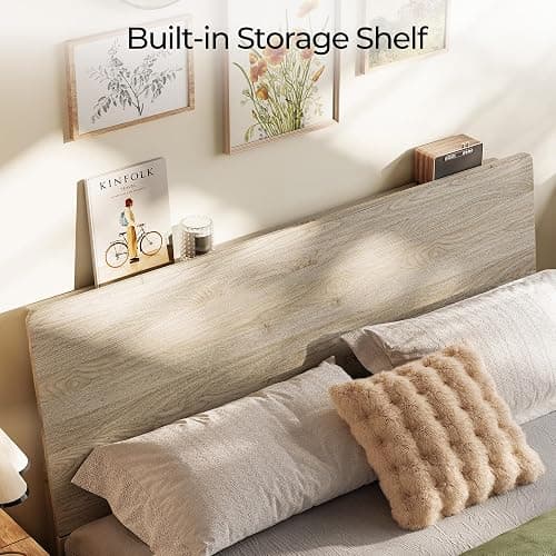 LINSY Wood Bed Frame with Headboard, Queen Bedframe Wooden Platform Frames Boho Queen Size Bed Frames with Solid Wood Slat, No Box Spring Needed, Easy Assembly, Light Wood thumbnail 7