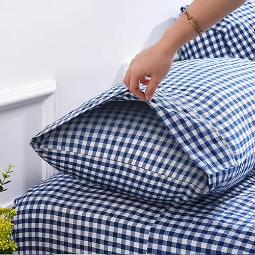 Cotton Queen Sheet Set 4 Piece Gingham Bed Sets, Soft, Smooth, Durable, Easy Care, 16" Deep Pocket Checkered Queen Sheets - 1 Flat, 1 Fitted, 2 Pillowcases Blue Color - Checkered Blue - Queen thumbnail 6
