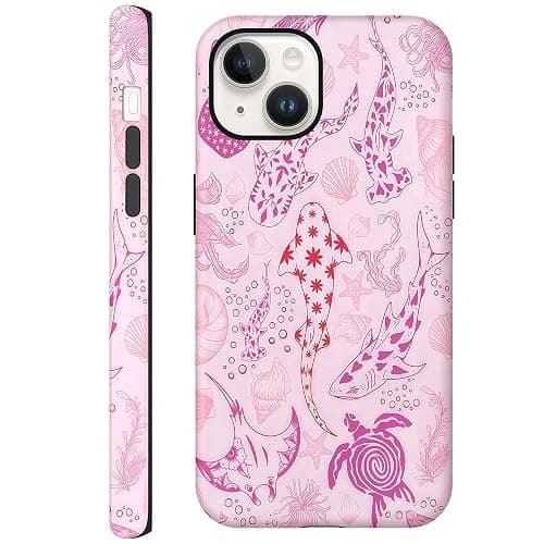 CAINAT Aesthetic Cases for iPhone 13, Pink Sharks Turtles Shells Seaweed Design, Hard Hybrid 2-Layer Protective Cover for Women Girls - Image 1