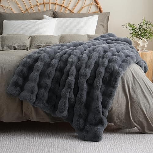 BENVWE Faux Fur Throw Blanket for Couch - Fluffy Soft Thick Bubble Blanket for Living Room Home Decor - Mothers Day Birthday Gifts for Women, Grey, 51" x 63" thumbnail 8