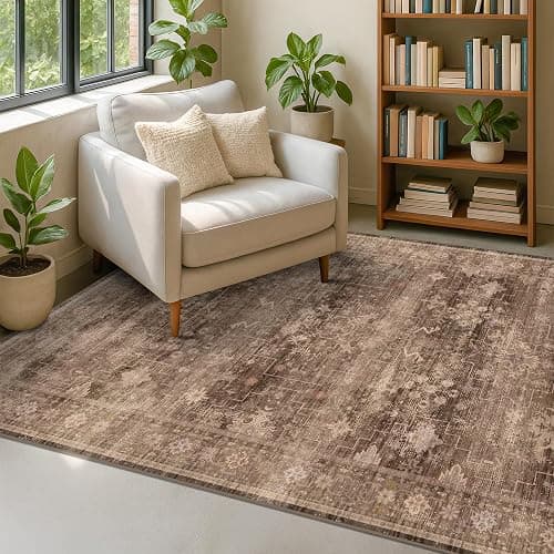 Hazo Haus Boho Taupe Brown 5x7 Living Room Rug - Modern Vintage Traditional Oriental Neutral, Washable Low Pile Non-Slip Large Area Rugs for Nursery Dining Under Table thumbnail 6