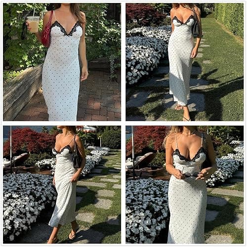 Women's Sexy Lace V Neck Polka Dot Sleeveless Flowy Long Maxi Dress Elegant Cocktail Party Gown Vacation Dresses thumbnail 3