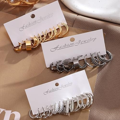 16-24 Pairs Gold Silver Black Earring Set for Women, Chunky Earring Multipack Punk Trendy Big Small Stud Hoop Earring Lightweight Twisted Pearl Ear Pack For Daily Birthday Party Gift thumbnail 4