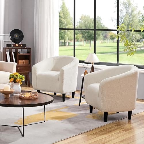 Yaheetech Accent Barrel Chair, Boucle Fabric Club Chair, Furry Sherpa Elegant Armchair with Cozy Soft Padded, Suitable for Living Room Bedroom Reception Room Office, Ivory thumbnail 4