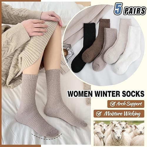 EBMORE 5 Pairs Women Merino Wool Boot Socks Warm Thermal Winter Thick Hiking Cozy Cabin Crew Comfy Socks for Ladies thumbnail 6