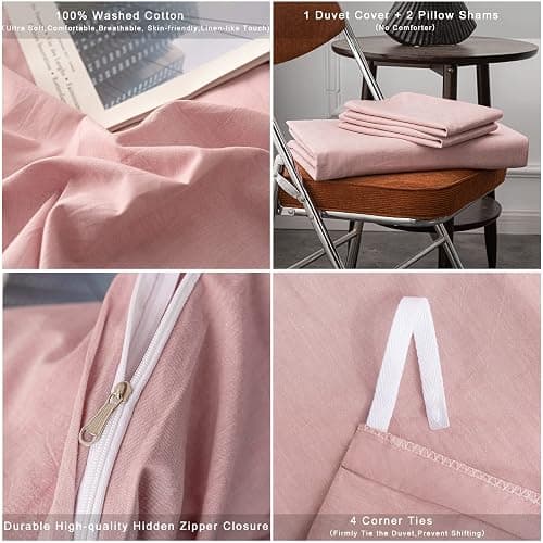 Janlive Washed Cotton Duvet Cover Queen Ultra Soft 100% Cotton Solid Color Dusty Pink Duvet Cover Set with Zipper Closure -3 Pieces Pink Queen thumbnail 6