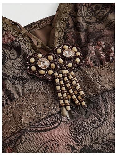 Verdusa Women's Y2k Outfits Gothic Dresses Vintage Boho Beaded Ruffle Lace Paisley Print Tiered Mini Summer Dress thumbnail 4