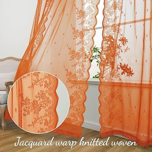 KYMRose Orange Sheer Lace Curtains 84 Inches Long, 2 Panels Country Rustic Flower Curtains for Living Room, Rod Pocket Privacy Scalloped Sheer Lace Panels, Orange 52 x 84 Inch thumbnail 5