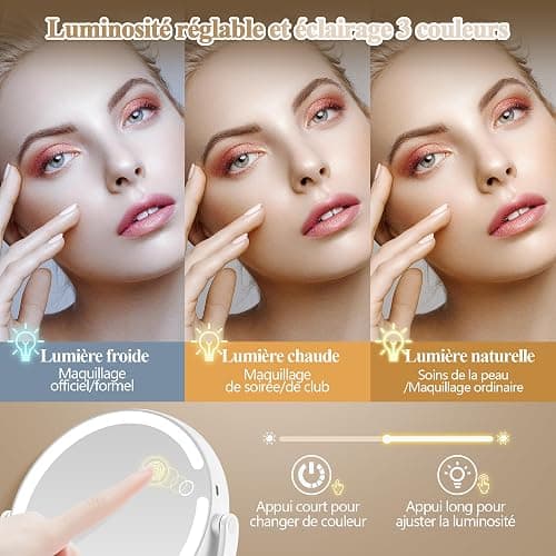 MOMOKUBA Miroir Grossissant Lumineux X 20, Miroir Grossissant sur Pied 8", miroirs Maquillage Lumineux sur Pied Double Face 3 Couleurs 64 LED, Rechargeable Rotation 360° thumbnail 7