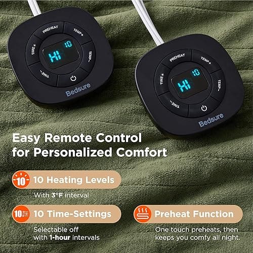 Bedsure Electric Blanket Queen Size - Dual Control Heated Blanket Queen, Fast Heating with 10 Time Settings & 10 Heat Settings, Warm Gift for Grandma (84x90 inches, Olive Green) thumbnail 6