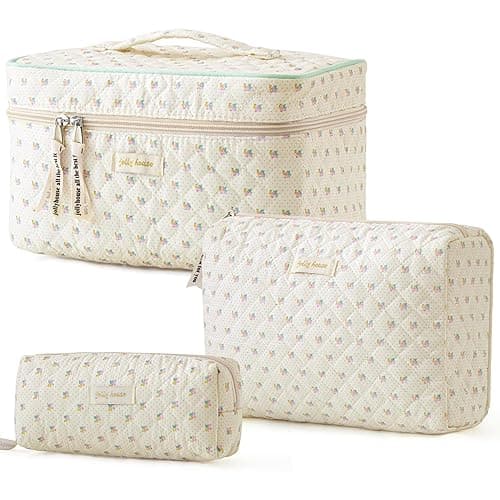 HBselect Quilted Makeup Bag, 3PCS Cotton Large Travel Makeup Bag, Cute Floral Coquette Make up Bag Cosmetic Bag Toiletry Bag for Women Girls - A-3PCS-Flower