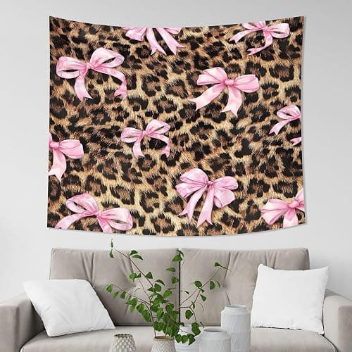 Imirell Pink Bow Leopard Print Tapestry 59Wx51H Inches Girly Modern Panthera Cat Pretty Bownot Sweet Retro Fashion for Lady Woman Art Hanging Bedroom Living Room Dorm Wall Blankets Home Decor Fabric thumbnail 2