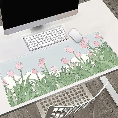 WatercolorTulip Flower Mouse Pads,Extended Gaming Mousepad XXL Kawaii Anime Desk Mat Pink Green Large Full Desk Mouse Pad for Wireless Mouse Keyboard Mat with Stitched Edges 31.5" x15.75 thumbnail 3