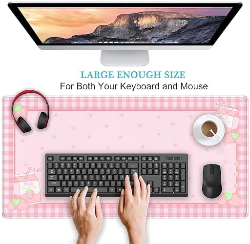 Cute Pink Plaid Desk Mats Strawberry Milk Gaming Desk Pad, Kawaii Extended Mouse Pad Kawaii Large Keyboard Mats XXL, Laptop Mat for Desk, Desktop Mat Mousepad Office Decor for Women 31.5"x15.75" thumbnail 4