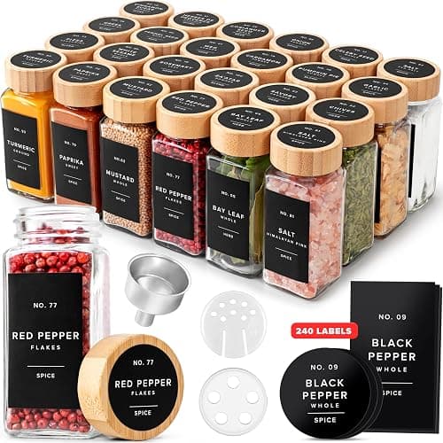 EDELHAUS® Square Spice Jars with Bamboo Wooden Lid (Pack of 24) Spice Jars with Shaker Insert and 240 Labels - Bamboo Lid Glass Container for Spice Organisation [4.3 in × 1.8 in] - Image 1