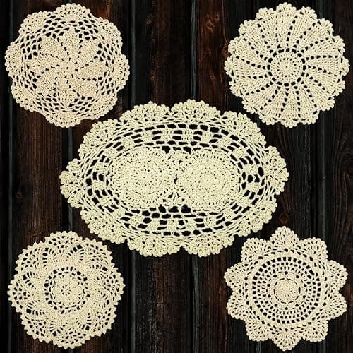 5 Piece 7 to 14 Inch Handmade Crochet Cotton Lace Doilies for Table, Beige - Image 1