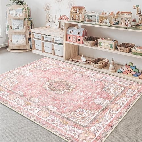 Castage Pink Rug 3'x5',Washable Area Rugs for Bedroom Living Room Kitchen Entryway Bedside,Small Boho Vintage Bohemian Distressed Oriental Non Slip Carpet,Blush Floral Flowers thumbnail 3