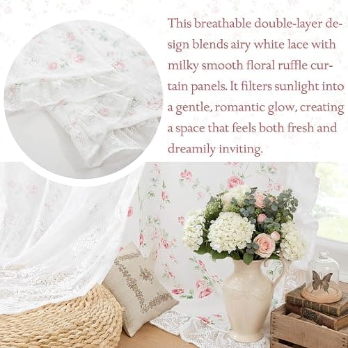 ZJDECOR Vintage Floral Curtains with Lace Sheer Overlay 84 Inch,Pink Flower on White Not-See-Through Sheer Drapes Lace Ruffle Edge,Shabby Chic Window Treatment for Bedroom Living Room,Rod Pocket,Pink thumbnail 7