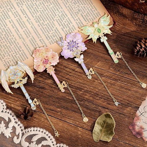 4pcs Metal Bookmarks Set for Reading Women and Men, Enchanted Floral Wing Key Magic Reading Accessories, Fantasy Book Marks Gifts for Book Lovers Readers Kids Page Holders with Flower Feather Designs thumbnail 5