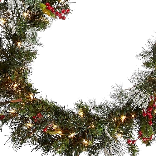 National Tree Company 9 ft Pre-Lit Wintry Pine Flocked Artificial Christmas Garland, Christmas Decoration with Pinecones, Red Berries, 100 Clear Lights, 184 Tips, Green thumbnail 4