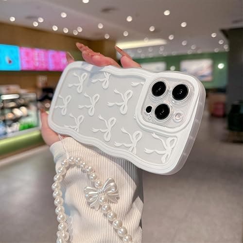 rozouai Compatible for iPhone 15 Plus Case for Women Girls,Cute Bowknot Pattern Curly Wave Wavy Frame Shape Shockproof Soft with Bowknot Bracelet Chain thumbnail 5