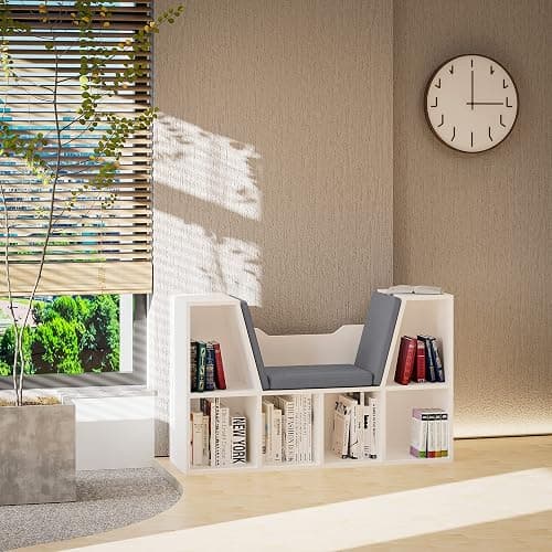 HOMCOM Bookcase Storage Shelf with Cushioned Reading Seat, Cube Bookshelf Organizer for Bedroom Living Room, White - White thumbnail 2