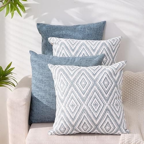 HPUK Throw Pillow Covers 18x18 Set of 4, Linen Look Textured Cushion Covers with Hidden Zipper, Decorative Pillow Covers for Couch Sofa Bed Living Room, Blue, Covers Only - Image 1