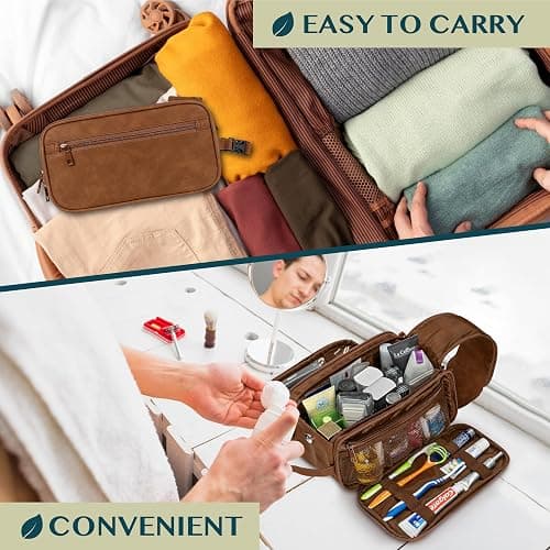 PAVILIA Toiletry Bag for Men Women, Mens Travel Bag Toiletries Organizer Case for Grooming, Travel Essentials Shaving Dopp Kit, PU Leather Water Resistant Cosmetic Pouch, Brown thumbnail 7