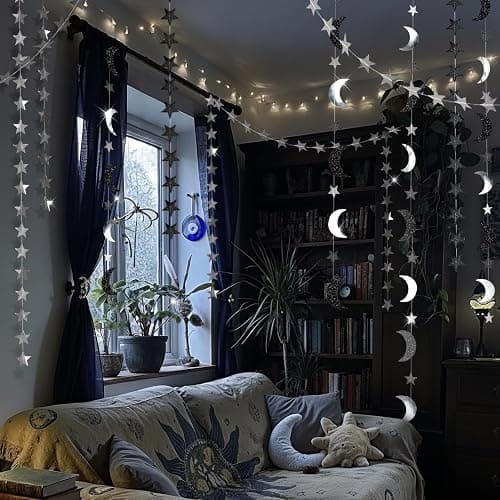Cheerland Black Silver Moon Garland Twilight Birthday Decoration Star Streamer Gothic Party Decor Garland Ramadan Eid Mubarak Glitter Banner Celestial Wedding Baby Shower Summerween Halloween Decor thumbnail 9