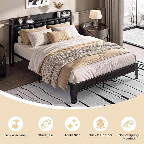 LIKIMIO Queen Bed Frame with Storage Headboard and Charging Station | Black Upholstered Platform Bed Frame, Sturdy Noise-Free Metal Support, No Box Spring Needed, Easy Assembly thumbnail 8