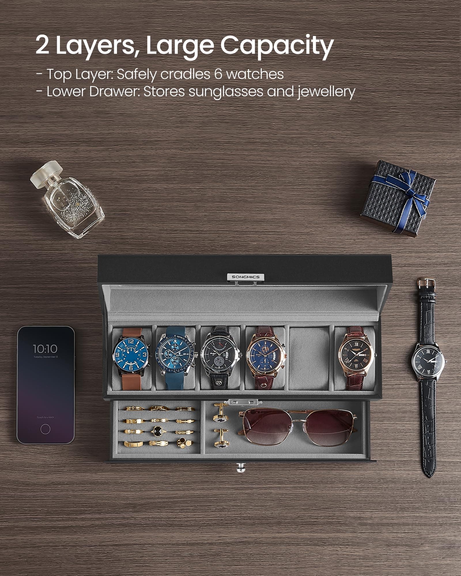 2. SONGMICS 6-Slot Watch Box, Lockable Watch Case with Glass Lid, 2 Layers, with 1 Drawer for Rings, Bracelets, Gift Idea, Black Synthetic Leather, Grey Lining JWB060G01 thumbnail 6