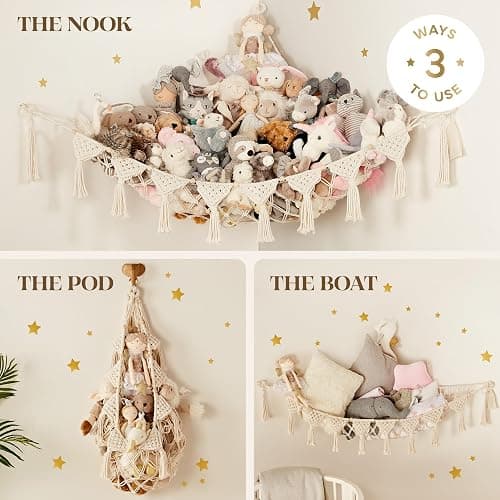 TIDYTEDS Stuffed Animal Hammock Corner | Sturdy Handcrafted Stuffed Animal Net | 4mm Double Macrame Cord Stuffed Animal Holder | Natural 100% Cotton Plushie Net | Toy Hammock w/LED Light (Ice Cream) thumbnail 4