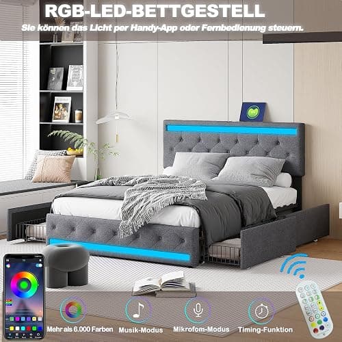 Aneutr Lit 140x200 avec sommier LED et Charge USB Type C, LIt Double rembourré avec 4 Tiroirs, Lit Coffre avec Tête de Lit Rembourrée Ajustable, Lits 2 Personnes, Facile à Assembler,Lin thumbnail 3